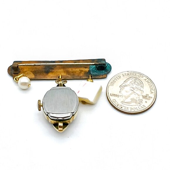 Antique Etched Bar Brooch with Dangling Charms, Gold Tone with Faux Pearl Drop - Picture 4 of 4